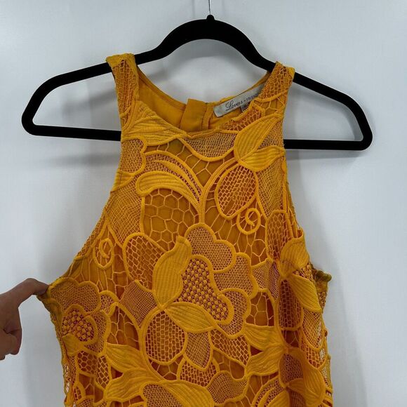 LOVERS + FRIENDS Yellow Marigold Floral Lace Scalloped Caspian Mini Dress Medium - Picture 6 of 10